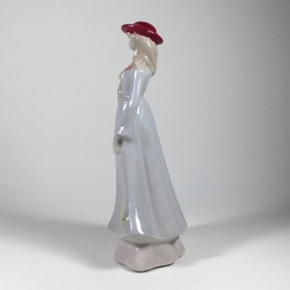 Vintage Ceramic Figurine Woman In Red Hat Holding Flowers 7" Tall Floral Details - Picture 4 of 8